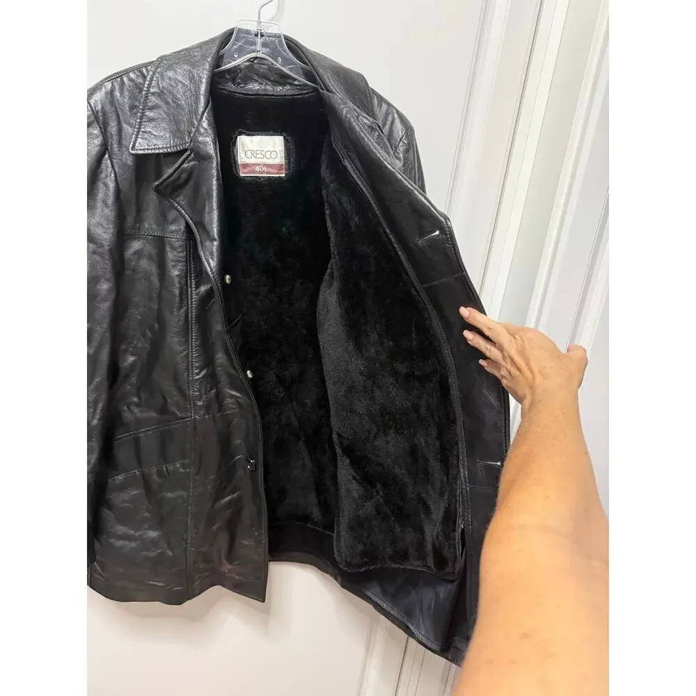 Cresco Black Genuine Leather Coat Jacket Faux Fur Lined 40L Vintage 70s Overcoat